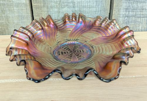 Fenton Peacock Tail Amethyst Carnival Glass Ruffled Bowl