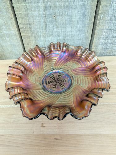 Fenton Peacock Tail Amethyst Carnival Glass Ruffled Bowl