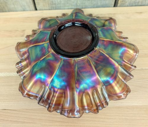 Fenton Peacock Tail Amethyst Carnival Glass Ruffled Bowl