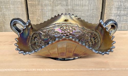 Northwood Amethyst Carnival Glass Grape and Cable Two-Handled Bon-Bon Dish