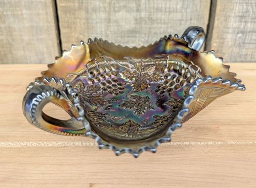 Northwood Amethyst Carnival Glass Grape and Cable Two-Handled Bon-Bon Dish