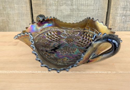 Northwood Amethyst Carnival Glass Grape and Cable Two-Handled Bon-Bon Dish
