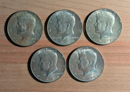 Five US 1965-1969 40% Silver-Clad Kennedy Half Dollars