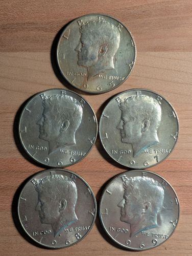 Five US 1965-1969 40% Silver-Clad Kennedy Half Dollars
