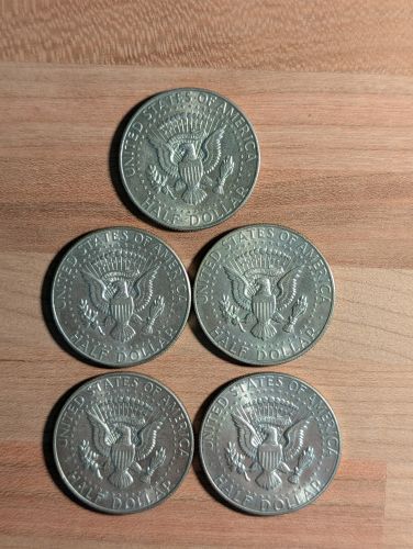 Five US 1965-1969 40% Silver-Clad Kennedy Half Dollars