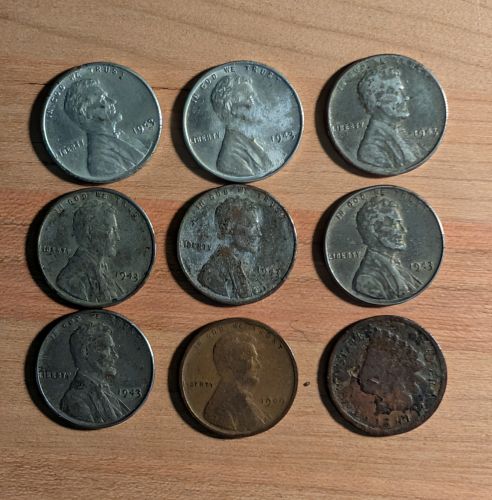 A Group of US One-Cent Coins Including Lincoln Steel and Indian Head Cents
