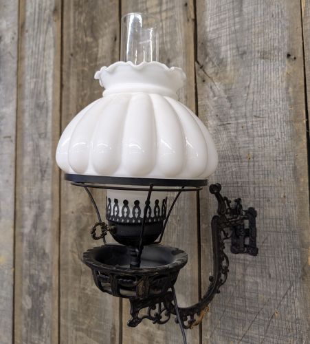 Electrified Victorian Style Cast Iron Swivel Wall Sconce with Milk Glass Melon Shade