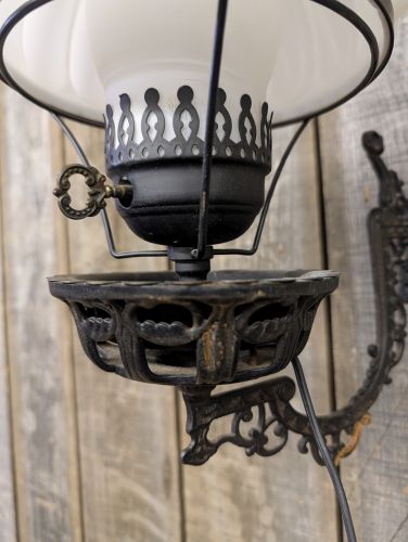 Electrified Victorian Style Cast Iron Swivel Wall Sconce with Milk Glass Melon Shade