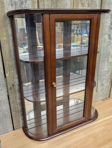 The Bombay Company Mahogany Tone Bow Front Wall Curio Cabinet with Decorative Brackets