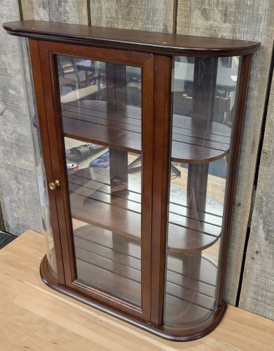 The Bombay Company Mahogany Tone Bow Front Wall Curio Cabinet with Decorative Brackets