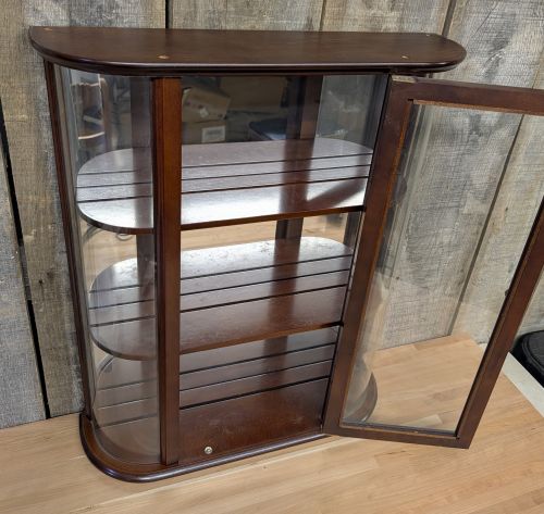 The Bombay Company Mahogany Tone Bow Front Wall Curio Cabinet with Decorative Brackets