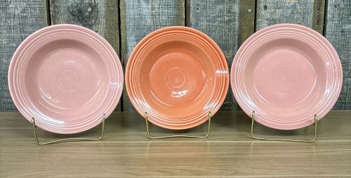 A Trio of Homer Laughlin Fiesta Rim Soup Bowls in Rose and Persimmon