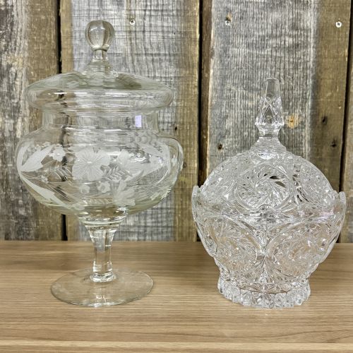 Two Decorative Clear Glass and Cut Crystal Lidded Candy Dishes