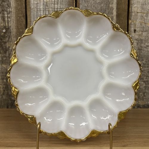 Anchor Hocking Fire King Milk Glass Deviled Egg Plate with 22 Karat Gold Trim