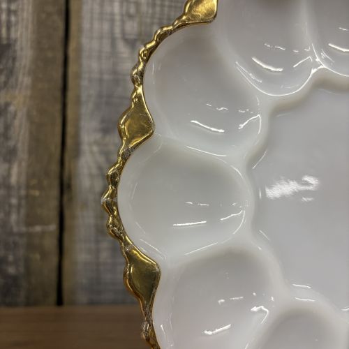Anchor Hocking Fire King Milk Glass Deviled Egg Plate with 22 Karat Gold Trim