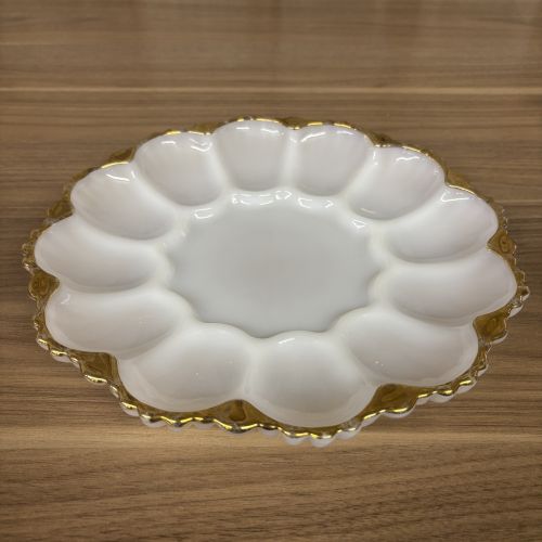 Anchor Hocking Fire King Milk Glass Deviled Egg Plate with 22 Karat Gold Trim