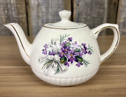 Ellgreave Wood and Sons Ironstone Teapot with Violet and Ribbon Motif