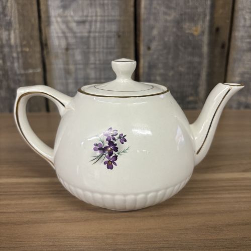 Ellgreave Wood and Sons Ironstone Teapot with Violet and Ribbon Motif