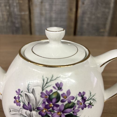 Ellgreave Wood and Sons Ironstone Teapot with Violet and Ribbon Motif