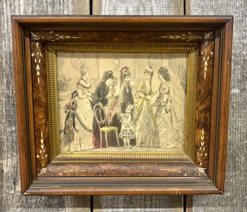 Victorian Hand-Colored Fashion Plate Engraving in Inlaid Wood Frame