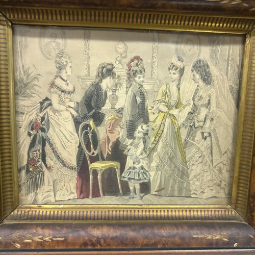 Victorian Hand-Colored Fashion Plate Engraving in Inlaid Wood Frame