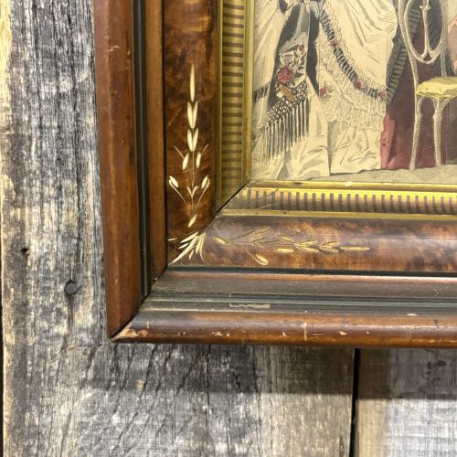 Victorian Hand-Colored Fashion Plate Engraving in Inlaid Wood Frame