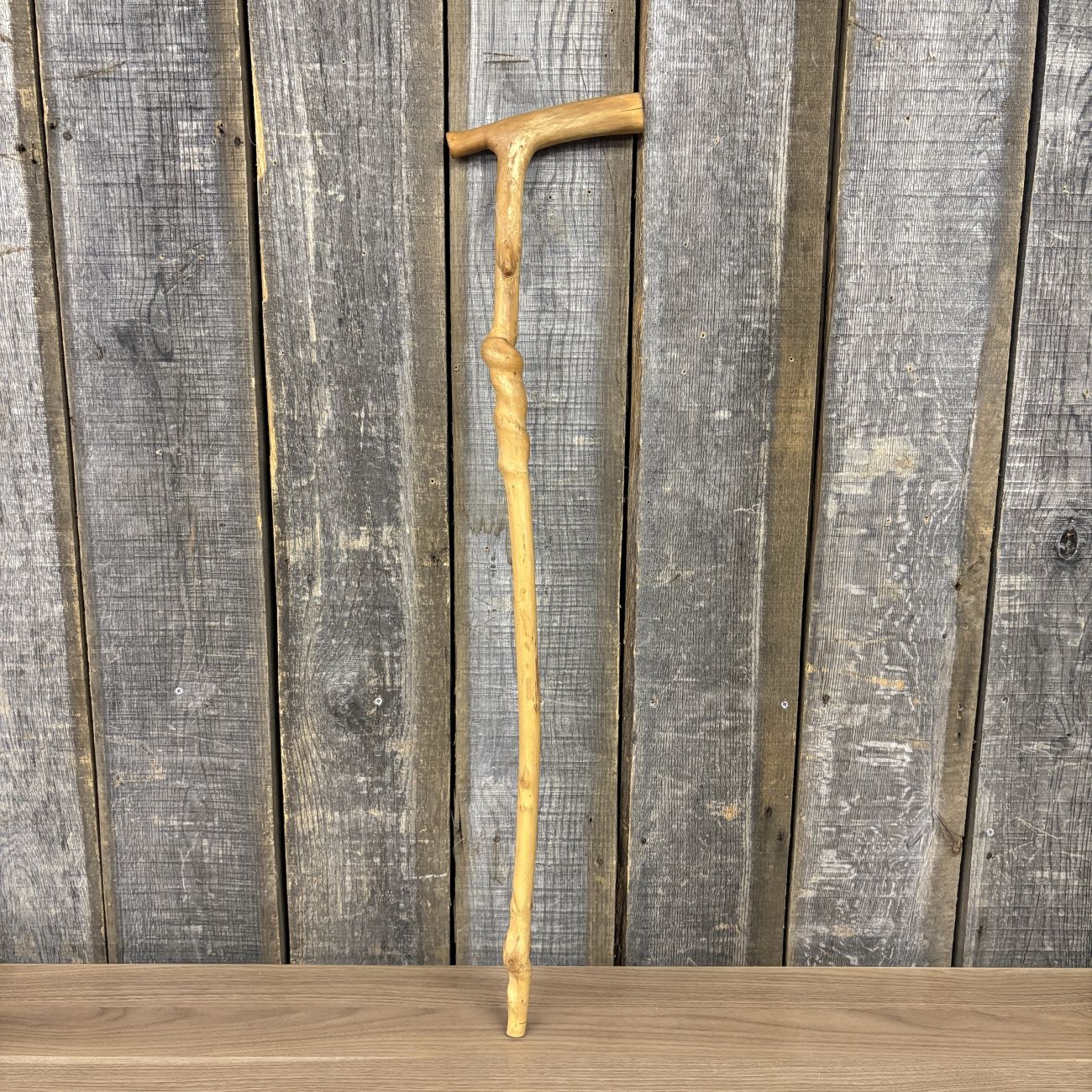 Folk Art Hand-Carved Wood Walking Cane with Natural Spiral Growth