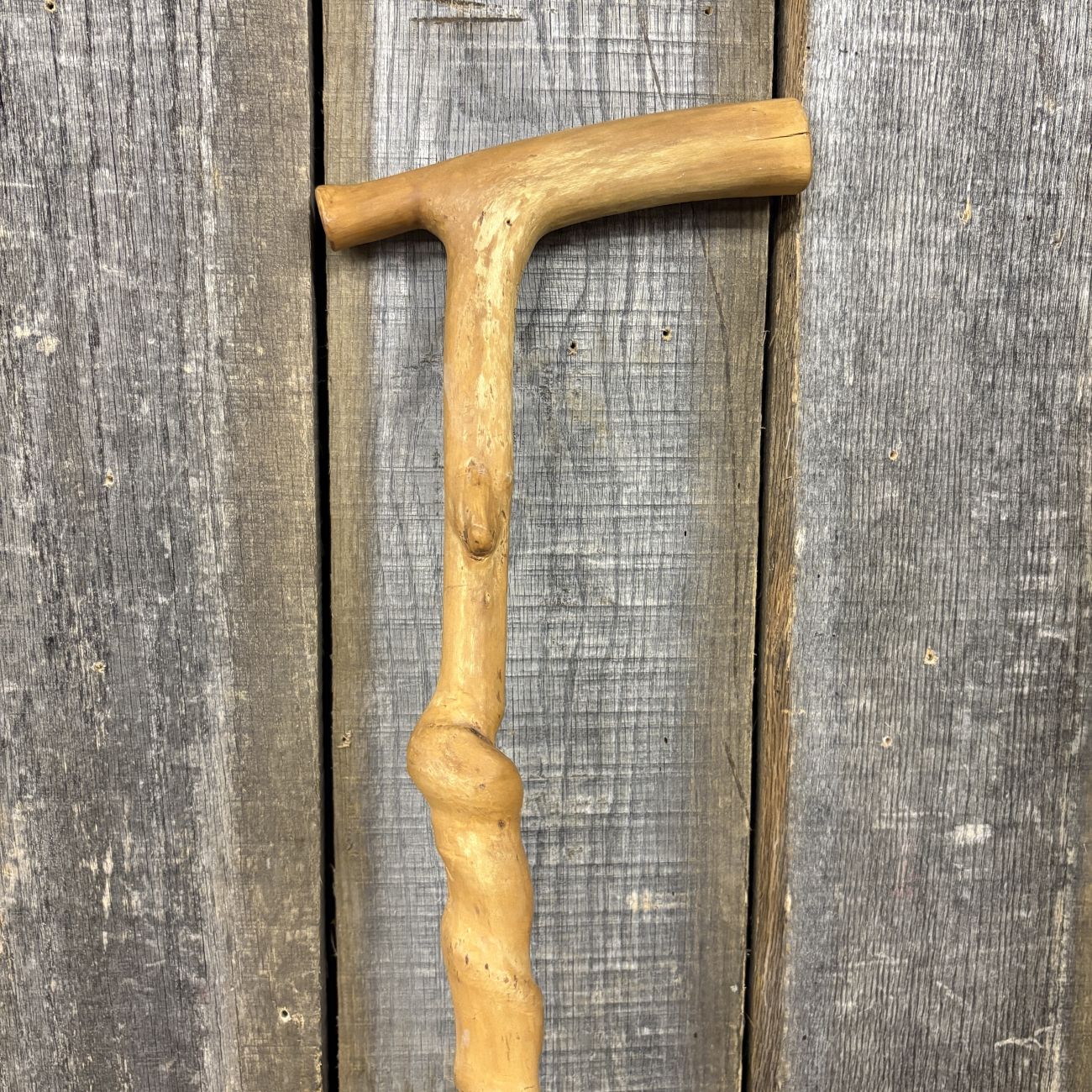 Folk Art Hand-Carved Wood Walking Cane with Natural Spiral Growth
