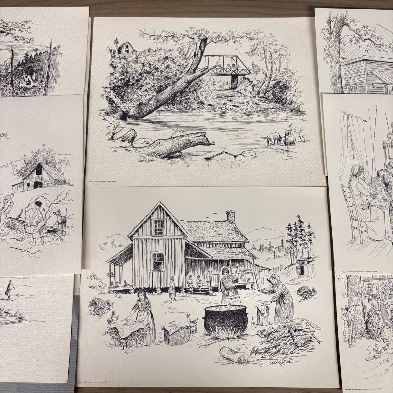 John Kollock (American, 1928-2014) Collection of Seven Pen and Ink Illustrations for Grizzard Advertising