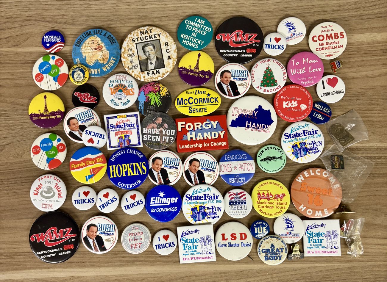 An Assortment of Vintage Kentucky Interest Pinback Buttons and Lapel Pins, 1980s-1990s