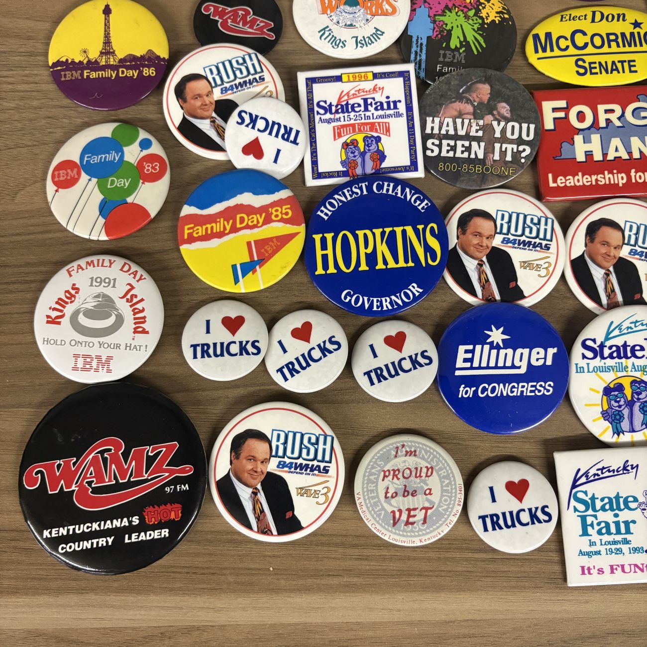 An Assortment of Vintage Kentucky Interest Pinback Buttons and Lapel Pins, 1980s-1990s