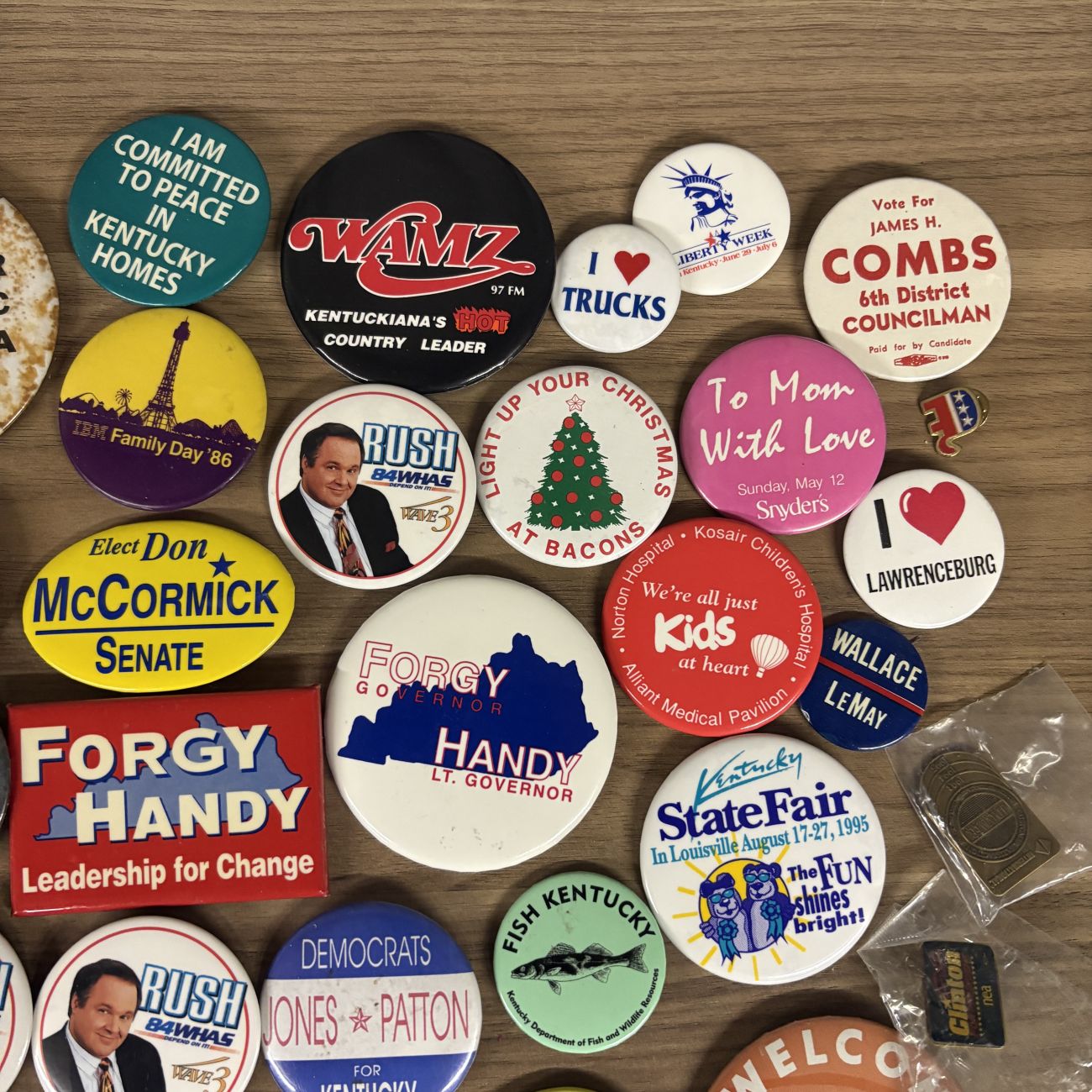 An Assortment of Vintage Kentucky Interest Pinback Buttons and Lapel Pins, 1980s-1990s