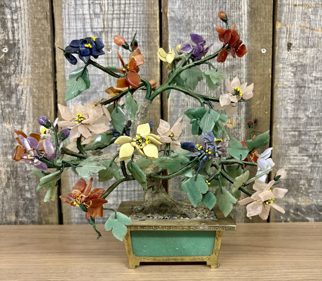 Large Chinese Hardstone and Gemstone Bonsai Tree in a Brass and Green Hardstone Planter