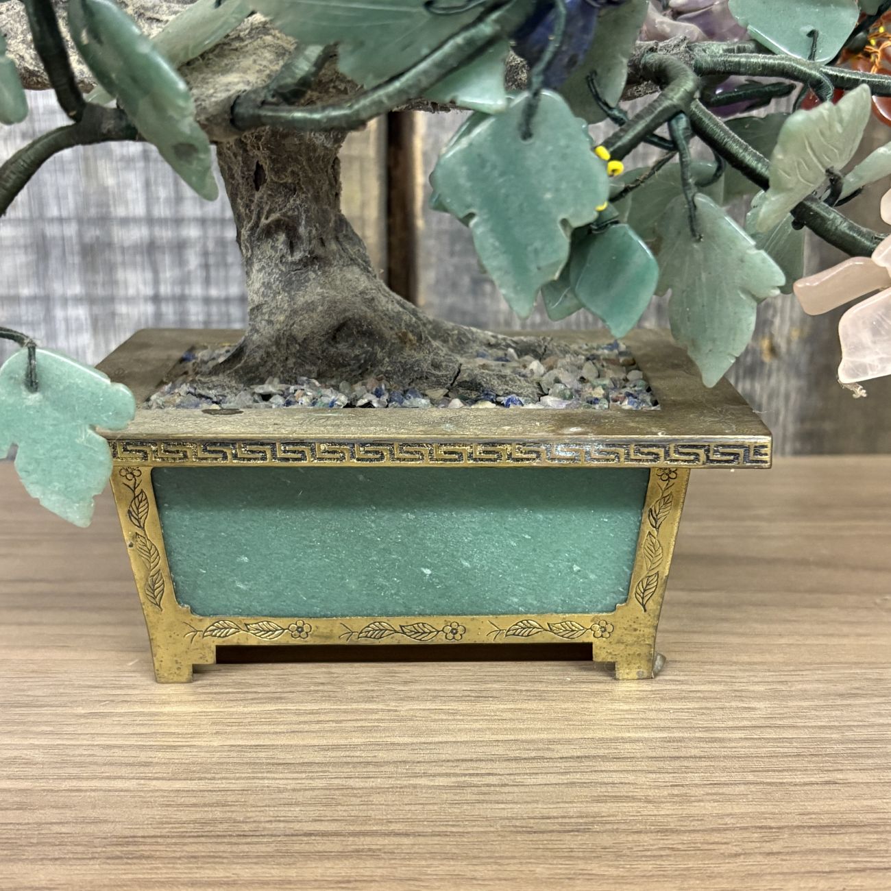 Large Chinese Hardstone and Gemstone Bonsai Tree in a Brass and Green Hardstone Planter