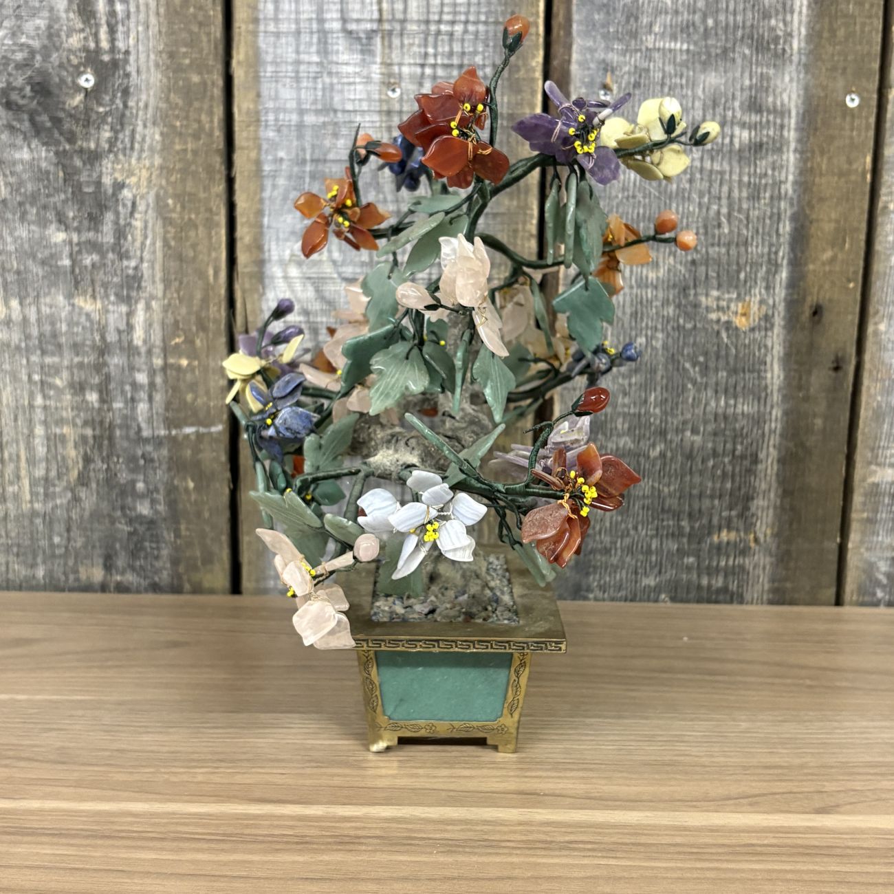 Large Chinese Hardstone and Gemstone Bonsai Tree in a Brass and Green Hardstone Planter