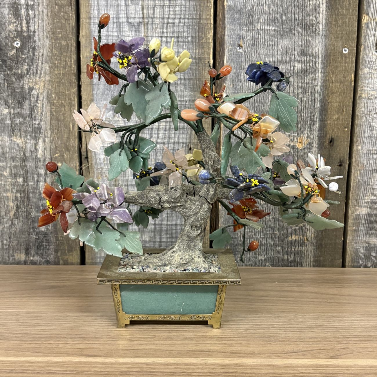 Large Chinese Hardstone and Gemstone Bonsai Tree in a Brass and Green Hardstone Planter