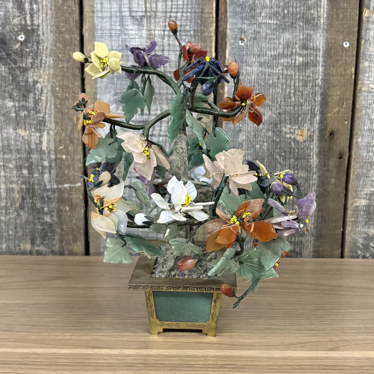 Large Chinese Hardstone and Gemstone Bonsai Tree in a Brass and Green Hardstone Planter