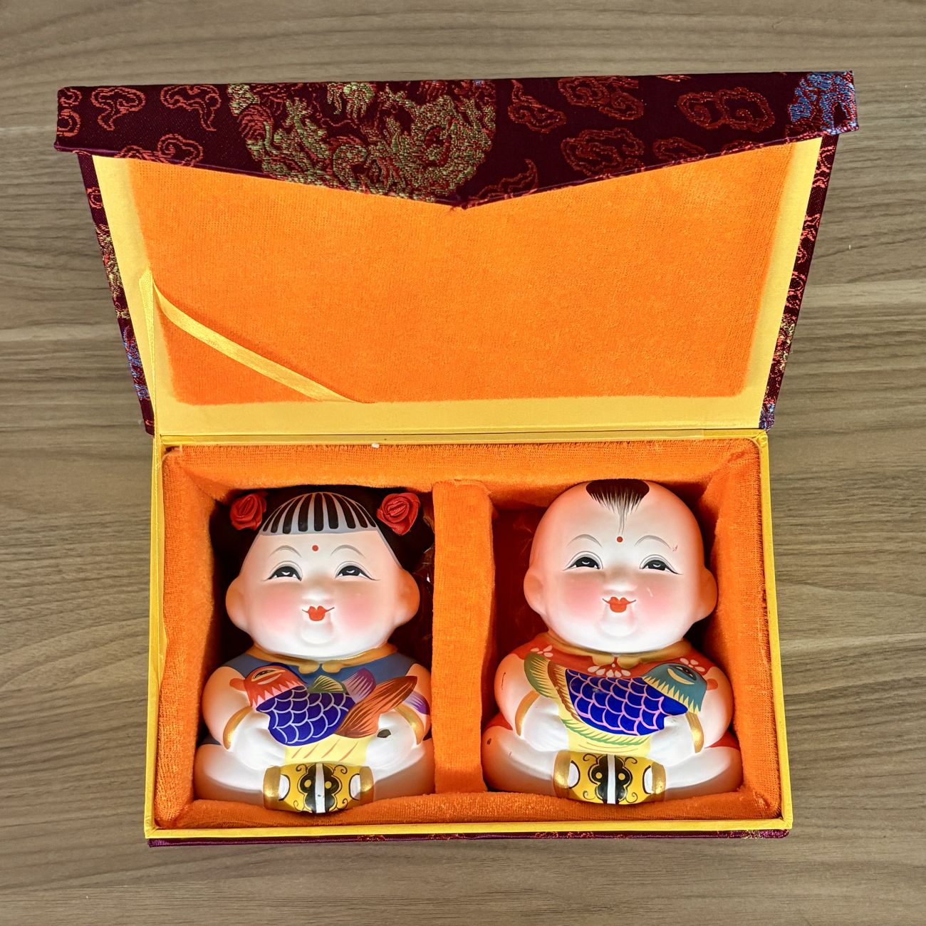 A Pair of Wuxi Huishan Da A Fu Clay Figurines in Presentation Box