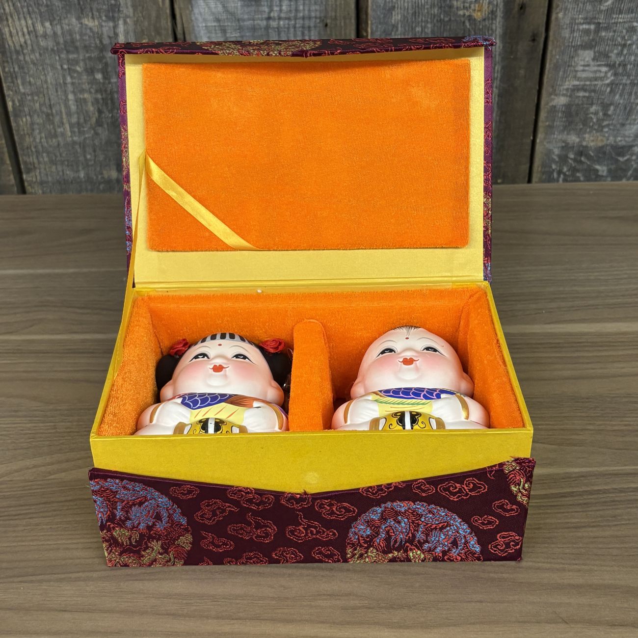 A Pair of Wuxi Huishan Da A Fu Clay Figurines in Presentation Box