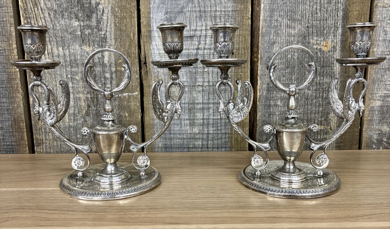 A Pair of Empire Style Silver Plated Two Light Swan Candelabra