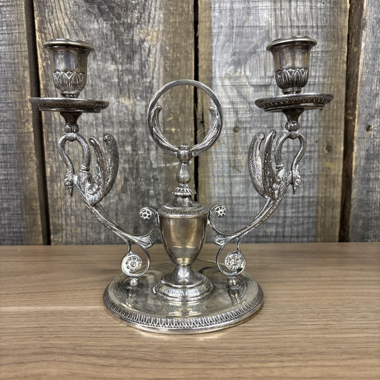 A Pair of Empire Style Silver Plated Two Light Swan Candelabra