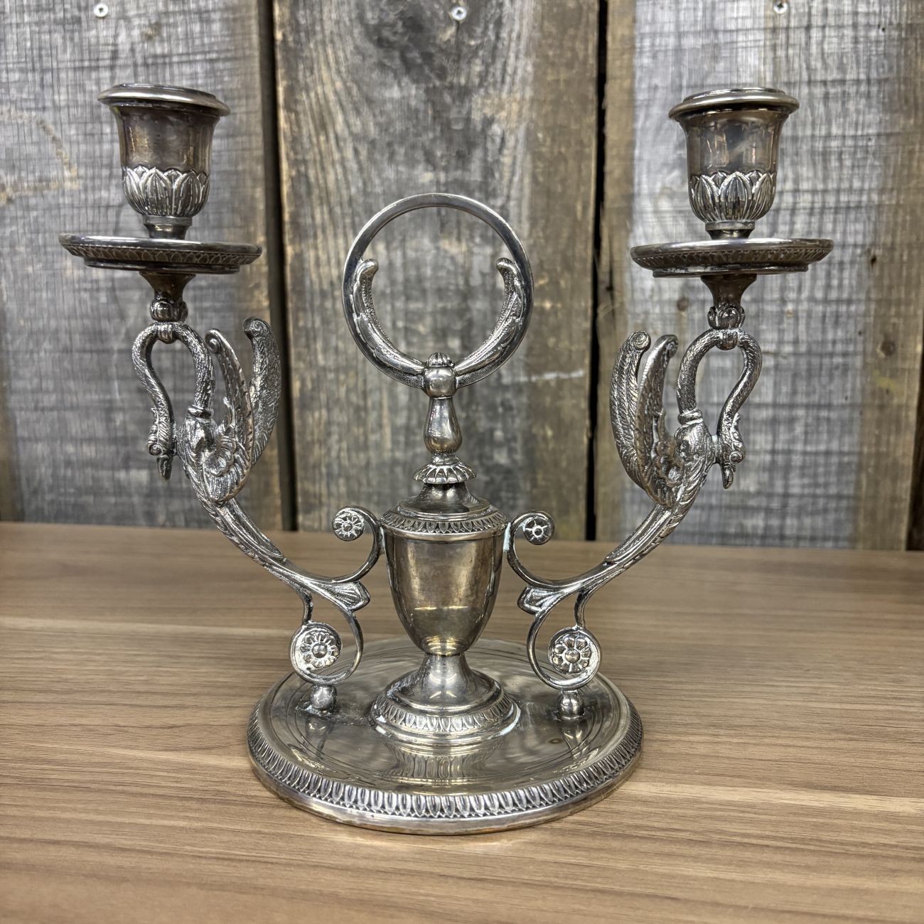 A Pair of Empire Style Silver Plated Two Light Swan Candelabra
