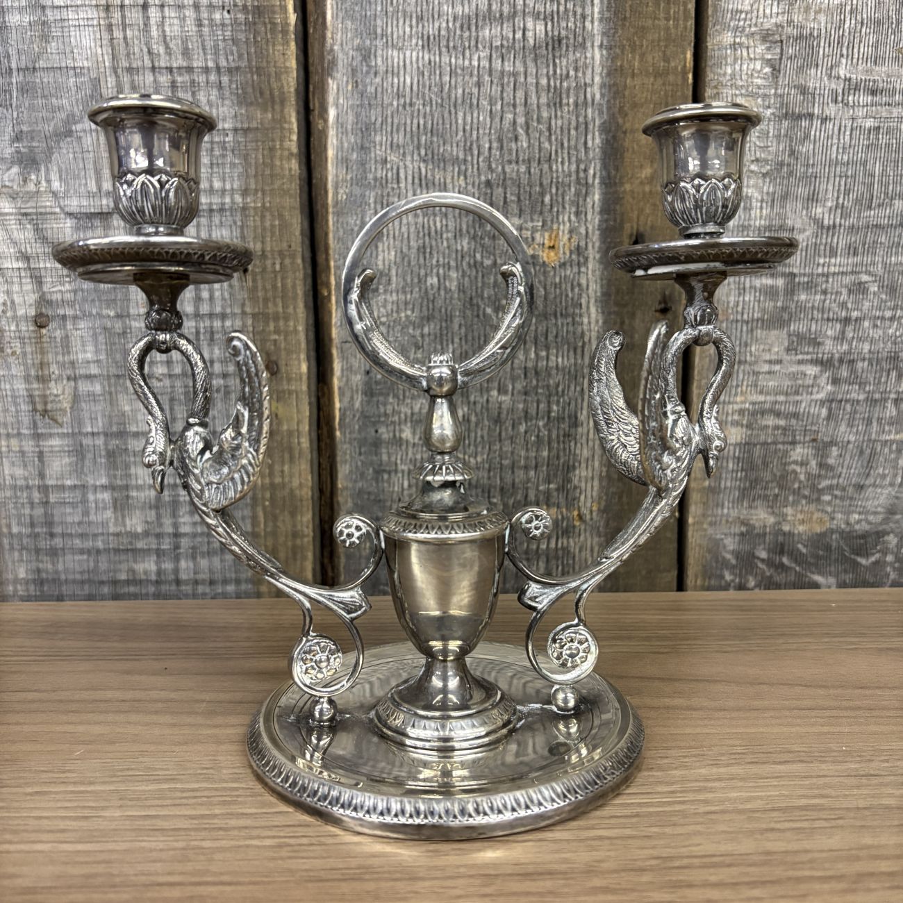 A Pair of Empire Style Silver Plated Two Light Swan Candelabra