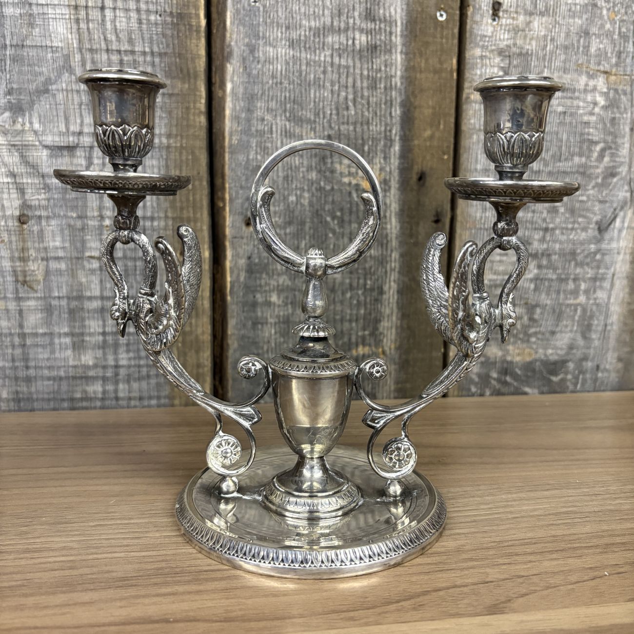 A Pair of Empire Style Silver Plated Two Light Swan Candelabra