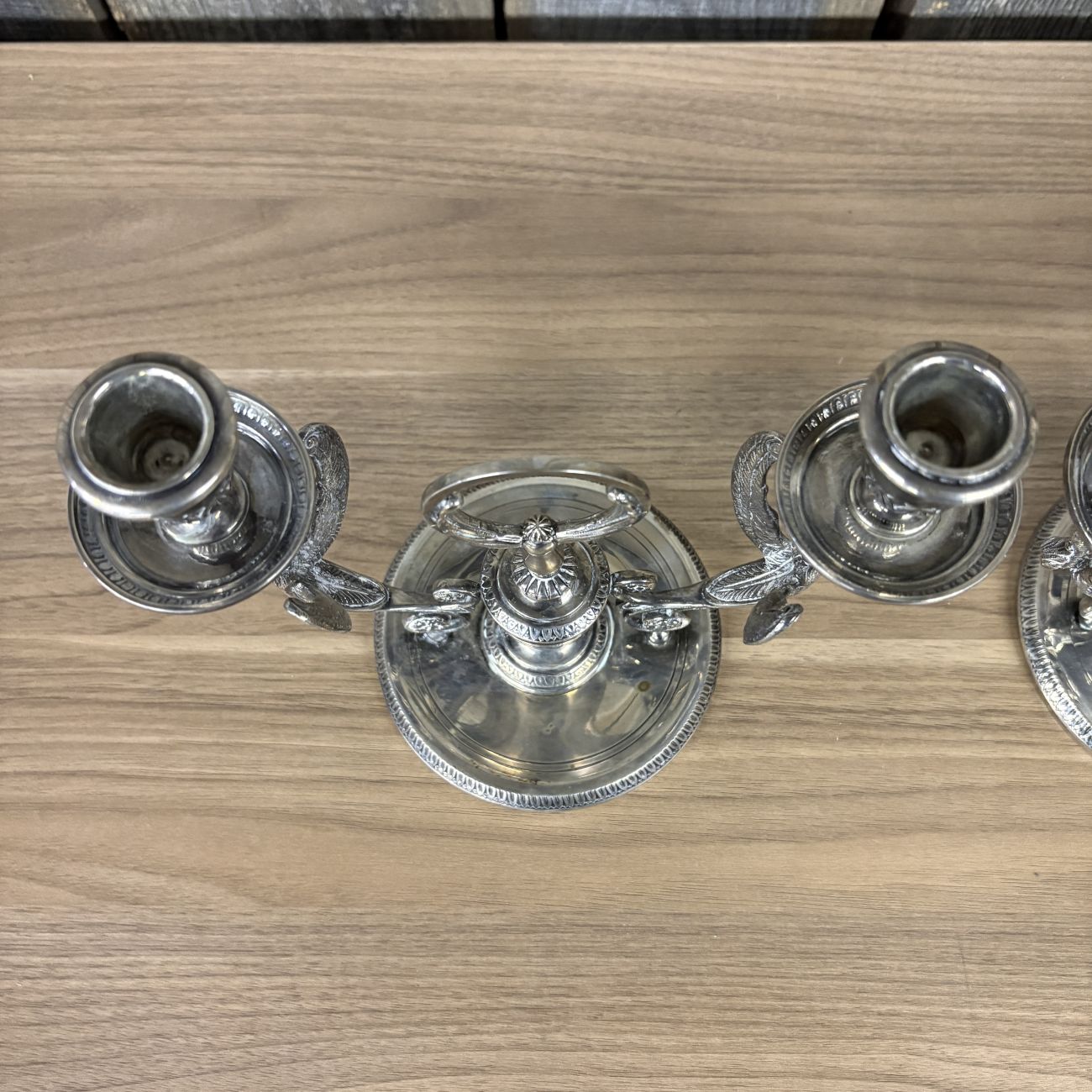 A Pair of Empire Style Silver Plated Two Light Swan Candelabra