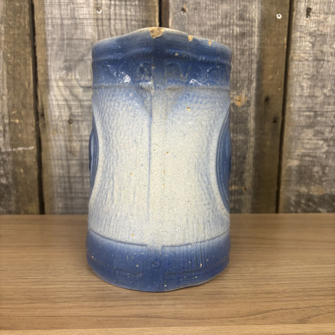 A.E. Hull Blue and White Salt Glaze Stoneware Milk Pitcher with Cow Motif