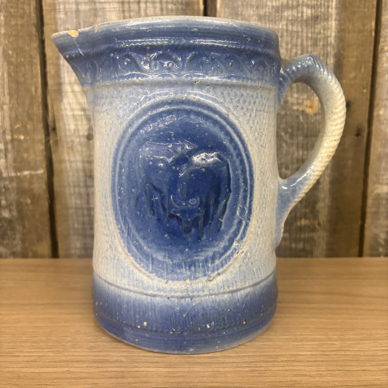 A.E. Hull Blue and White Salt Glaze Stoneware Milk Pitcher with Cow Motif