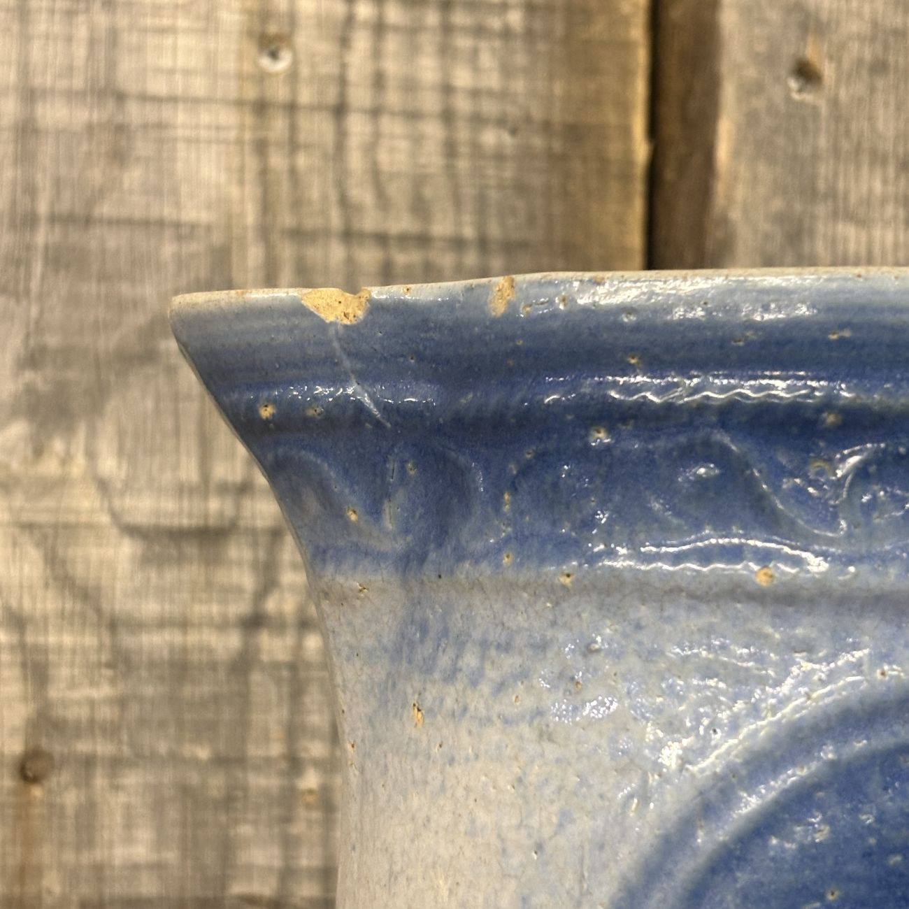 A.E. Hull Blue and White Salt Glaze Stoneware Milk Pitcher with Cow Motif
