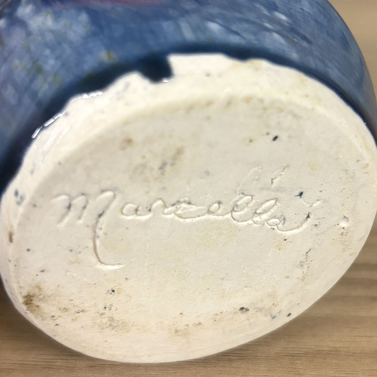 Marcella Signed Studio Pottery Bud Vase with Mottled Blue Glaze