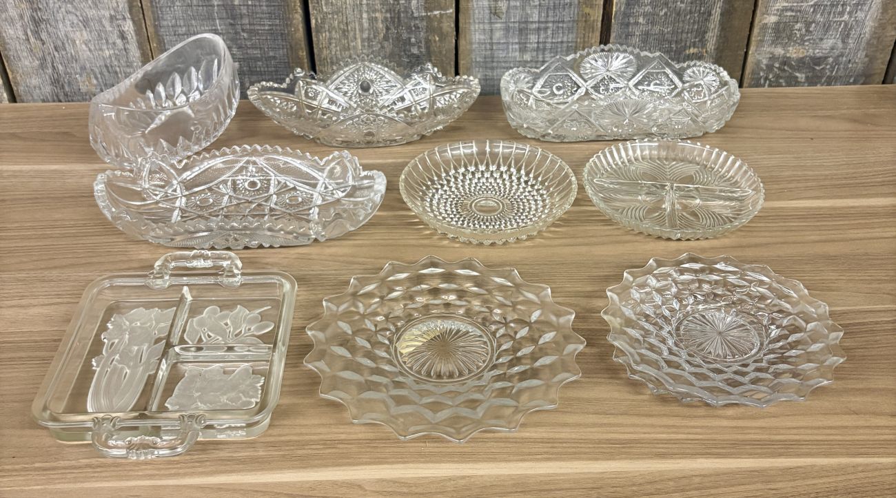 Set of 9 Vintage Clear Pressed Glass Serving Pieces Including Fostoria American and Whirling Star Patterns